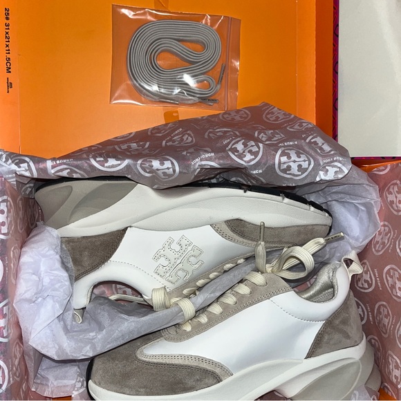 Tory Burch Leather and Suede Logo Sneakers - Picture 1 of 11